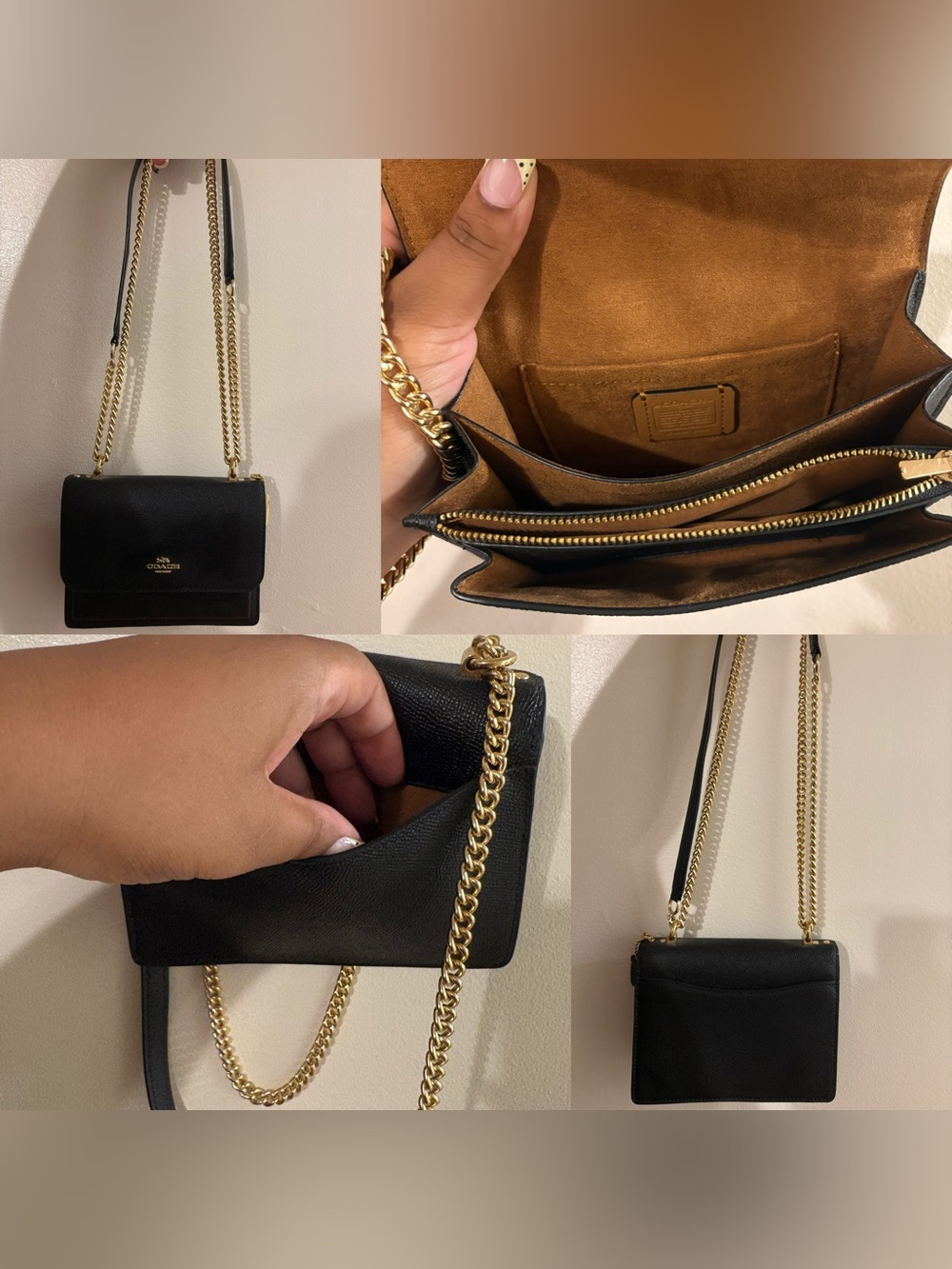 Coach Black Leather Crossbody with Gold Chain Strap